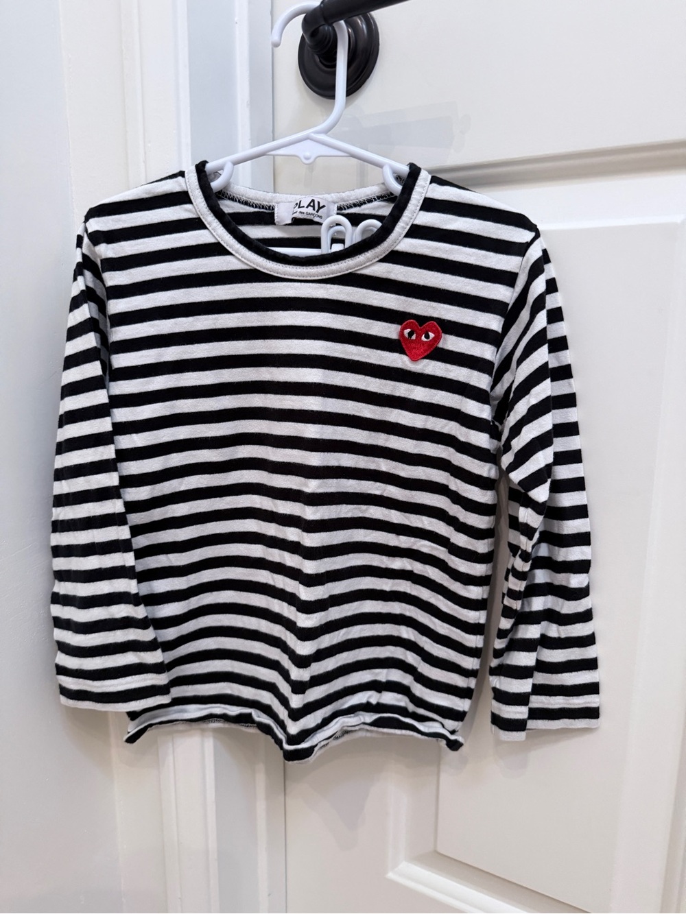 Comme des Garcons PLAY Black & White Striped Long-Sleeve Tee with Red Heart